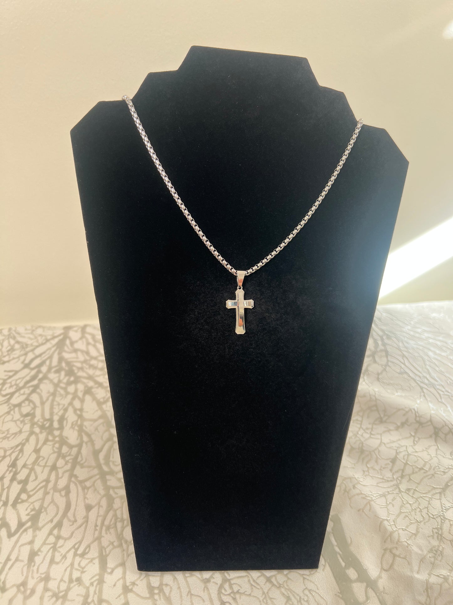 Silver cross pendant and stainless steel chain