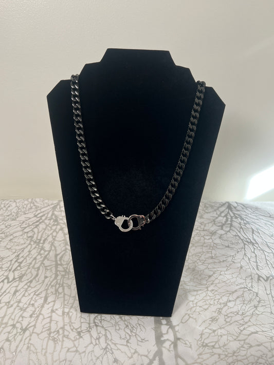 Black stainless steel chain with silver handcuff accent