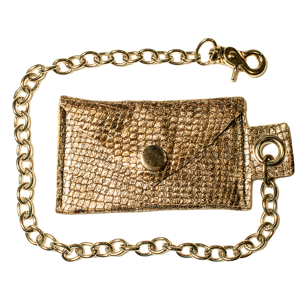 “CHARTIER” Leather Chain Wallet (Metallic Bronze Snakeskin Embossed Cowhide)