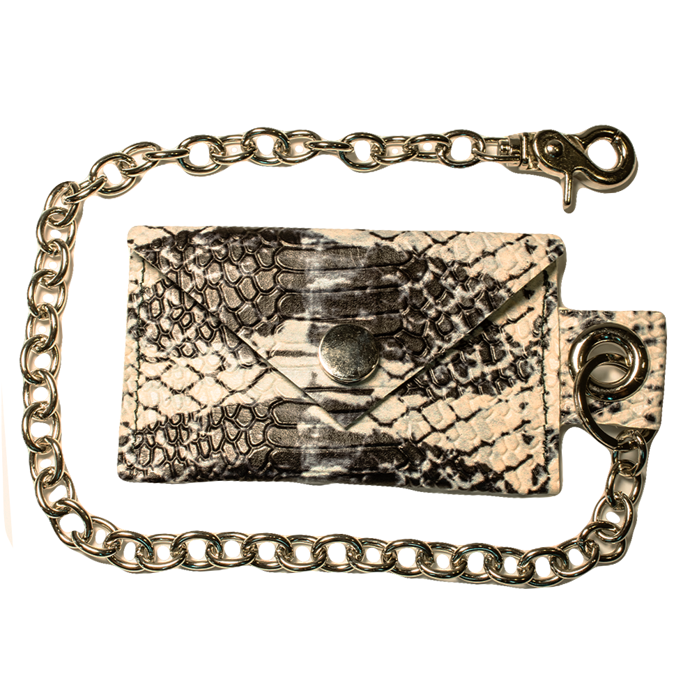 “CHARTIER” Leather Chain Wallet (White & Dark Blue Python Embossed Cowhide)